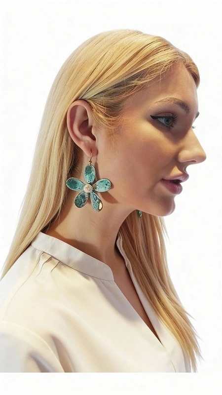 Μεγάλα εντυπωσιακά κρεμαστά σκουλαρίκια με πέρλες που συνδυάζουν το boho στιλ με τη σύγχρονη αισθητική. Αυτά τα μοναδικά χειροποίητα γυναικεία σκουλαρίκια λουλούδια, σχεδιασμένα από την Ελληνίδα Σχεδιάστρια Κοσμημάτων Αικατερίνη Χαλκιαδάκη, ξεχωρίζουν για τη μοντέρνα patina επίστρωση που δημιουργεί εντυπωσιακούς πράσινους τόνους με χρυσαφένιες πινελιές.\u000AΚάθε σκουλαρίκι διαμορφώνεται σε σχήμα μαργαρίτας με έξι οβάλ πέταλα από οξειδωμένο ορείχαλκο, ενώ στο κέντρο φιλοξενεί μία φυσική πέρλα που προσδίδει κομψότητα και φως. Η τεχνική του οξειδωμένου χαλκού δίνει μοναδικούς χρωματισμούς που κάνουν κάθε κόσμημα ξεχωριστό. Το μέγεθός τους καθιστά αυτά τα εντυπωσιακά σκουλαρίκια για γάμο ή ειδικές περιστάσεις την ιδανική επιλογή.\u000AΙδανικά για να συνδυαστούν με boho ντυσίματα ή να προσθέσουν χρώμα σε μονόχρωμα outfits.\u000AΥλικό: Ορείχαλκος \u000AΠέτρα: Πέρλα