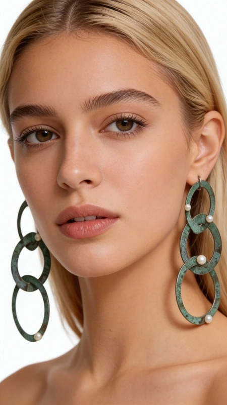 Μεγάλα εντυπωσιακά σκουλαρίκια μακριά καρφωτά με μαργαριτάρια - 3731, Ανακαλύψτε τη μαγεία των μεγάλων εντυπωσιακών σκουλαρικιών που συνδυάζουν την κομψότητα του χαλκού με την πράσινη πατίνα σε ένα μοναδικό design. Αυτά τα χειροποίητα μακριά καρφωτά σκουλαρίκια, σχεδιασμένα από την Ελληνίδα Σχεδιάστρια Κοσμημάτων Αικατερίνη Χαλκιαδάκη, δημιουργούν statement look που προσελκύει τα βλέμματα.
Το innovative design με τους αλληλένδετους κρίκους σε πράσινη πατίνα δίνει bohemian αισθητική που ταιριάζει τέλεια σε σύγχρονες γυναίκες. Κάθε κρίκος είναι χειροτεχνημένος από υψηλής ποιότητας χαλκό και διακοσμημένος με φυσικά μαργαριτάρια που προσθέτουν λάμψη και κομψότητα. Η μοναδική πράσινη πατίνα δημιουργεί vintage αίσθηση που συνδυάζεται άψογα με μοντέρνα και κλασικά outfits.
Τα κρεμαστά σκουλαρίκια αυτά είναι ιδανικά για ιδιαίτερες στιγμές, νυφικές εμφανίσεις ή everyday chic looks. Η ελληνική τεχνογνωσία φαίνεται σε κάθε λεπτομέρεια, από την τέλεια ισορροπία των κρίκων μέχρι την προσεκτική τοποθέτηση των περλών. Φυλάξτε τα σε στεγνό μέρος και καθαρίστε τα απαλά με μαλακό πανί.
Υλικό: Χαλκός 
Πέτρα: Μαργαριτάρι