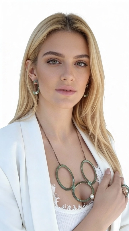 Ενα εντυπωσιακό μεγάλο γυναικείο κολιέ με μαργαριτάρι που συνδυάζει τη μοναδικότητα του χειροποίητου σχεδιασμού με την κομψότητα του οξειδωμένου χαλκού. Αυτό το statement κολιέ, σχεδιασμένο από την Αικατερίνη Χαλκιαδάκη, αποτελεί τη τέλεια επιλογή για γυναίκες που αναζητούν ένα ιδιαίτερο κόσμημα που θα τραβά τα βλέμματα.\u000AΤο μακρύ κολιέ διαθέτει τρεις μεγάλους κυκλικούς κρίκους από χαλκό με πράσινο patina φινίρισμα που δημιουργεί μια vintage αισθητική. Ένα φυσικό μαργαριτάρι κοσμεί έναν από τους κρίκους, προσθέτοντας λάμψη και κομψότητα στο σύνολο. Η μοναδική εμφάνιση του οξειδωμένου χαλκού καθιστά κάθε κολιέ μοναδικό, καθώς το patina αναπτύσσεται φυσικά με τον χρόνο.\u000AΙδανικό για layering με άλλα κοσμήματα ή ως αυτοτελές statement piece, αυτό το εντυπωσιακό κολιέ προσθέτει μια καλλιτεχνική πινελιά σε κάθε outfit. Η χειροποίητη κατασκευή εγγυάται την ποιότητα και τη μοναδικότητα του ελληνικού κοσμήματος.\u000AΥλικό: Χαλκός \u000AΠέτρα: Μαργαριτάρι