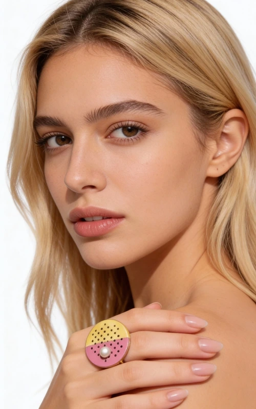 Ένα εντυπωσιακό statement δαχτυλίδι που συνδυάζει την κλασική κομψότητα με το μοντέρνο design. Το μοναδικό αυτό χειροποίητο κόσμημα, σχεδιασμένο από την Ελληνίδα Σχεδιάστρια Κοσμημάτων Αικατερίνη Χαλκιαδάκη, αποτελεί την τέλεια επιλογή για τη γυναίκα που επιθυμεί να ξεχωρίσει.\u000AΗ γεωμετρική κυκλική βάση από ορείχαλκο παρουσιάζει έναν εξαιρετικό συνδυασμό χρωμάτων \u002D χρυσαφί και φούξια ροζ \u002D που δημιουργούν μια σύγχρονη αισθητική yin\u002Dyang. Η διάτρητη επιφάνεια με τις γεωμετρικές οπές προσδίδει έναν βιομηχανικό χαρακτήρα, ενώ το λευκό μαργαριτάρι στο κέντρο προσθέτει μια νότα κομψότητας και θηλυκότητας.\u000AΤο μεγάλο μέγεθος του δαχτυλιδιού το καθιστά ιδανικό για ιδιαίτερες εμφανίσεις και βραδινές εξόδους. Συνδυάζεται υπέροχα με μονόχρωμα outfits και προσθέτει χρώμα και στυλ σε κάθε look.\u000AΥλικό: Ορείχαλκος \u000AΠέτρα: Μαργαριτάρι