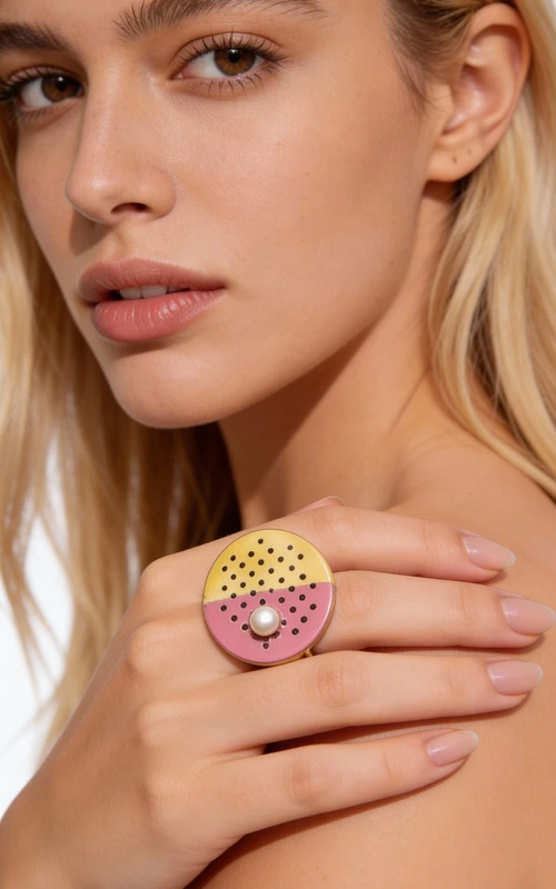 Μεγάλο statement δαχτυλίδι με μαργαριτάρι και χρώμα - 12184, Ένα εντυπωσιακό statement δαχτυλίδι που συνδυάζει την κλασική κομψότητα με το μοντέρνο design. Το μοναδικό αυτό χειροποίητο κόσμημα, σχεδιασμένο από την Ελληνίδα Σχεδιάστρια Κοσμημάτων Αικατερίνη Χαλκιαδάκη, αποτελεί την τέλεια επιλογή για τη γυναίκα που επιθυμεί να ξεχωρίσει.
Η γεωμετρική κυκλική βάση από ορείχαλκο παρουσιάζει έναν εξαιρετικό συνδυασμό χρωμάτων - χρυσαφί και φούξια ροζ - που δημιουργούν μια σύγχρονη αισθητική yin-yang. Η διάτρητη επιφάνεια με τις γεωμετρικές οπές προσδίδει έναν βιομηχανικό χαρακτήρα, ενώ το λευκό μαργαριτάρι στο κέντρο προσθέτει μια νότα κομψότητας και θηλυκότητας.
Το μεγάλο μέγεθος του δαχτυλιδιού το καθιστά ιδανικό για ιδιαίτερες εμφανίσεις και βραδινές εξόδους. Συνδυάζεται υπέροχα με μονόχρωμα outfits και προσθέτει χρώμα και στυλ σε κάθε look.
Υλικό: Ορείχαλκος 
Πέτρα: Μαργαριτάρι