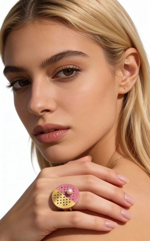 Μεγάλο statement δαχτυλίδι με μαργαριτάρι και χρώμα - 12184, Ένα εντυπωσιακό statement δαχτυλίδι που συνδυάζει την κλασική κομψότητα με το μοντέρνο design. Το μοναδικό αυτό χειροποίητο κόσμημα, σχεδιασμένο από την Ελληνίδα Σχεδιάστρια Κοσμημάτων Αικατερίνη Χαλκιαδάκη, αποτελεί την τέλεια επιλογή για τη γυναίκα που επιθυμεί να ξεχωρίσει.
Η γεωμετρική κυκλική βάση από ορείχαλκο παρουσιάζει έναν εξαιρετικό συνδυασμό χρωμάτων - χρυσαφί και φούξια ροζ - που δημιουργούν μια σύγχρονη αισθητική yin-yang. Η διάτρητη επιφάνεια με τις γεωμετρικές οπές προσδίδει έναν βιομηχανικό χαρακτήρα, ενώ το λευκό μαργαριτάρι στο κέντρο προσθέτει μια νότα κομψότητας και θηλυκότητας.
Το μεγάλο μέγεθος του δαχτυλιδιού το καθιστά ιδανικό για ιδιαίτερες εμφανίσεις και βραδινές εξόδους. Συνδυάζεται υπέροχα με μονόχρωμα outfits και προσθέτει χρώμα και στυλ σε κάθε look.
Υλικό: Ορείχαλκος 
Πέτρα: Μαργαριτάρι