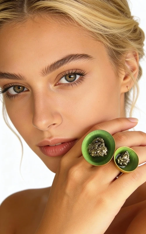 Ανακαλύψτε τη μαγεία του χειροποίητου κοσμήματος με αυτό το εντυπωσιακό δαχτυλίδι που φέρει διπλό σιδηροπυρίτη σε πράσινες αποχρώσεις. Σχεδιασμένο από την Ελληνίδα Σχεδιάστρια Κοσμημάτων Αικατερίνη Χαλκιαδάκη, αυτό το μοναδικό κόσμημα συνδυάζει την ελληνική τεχνογνωσία με τη σύγχρονη αισθητική.\u000D\u000AΤο δαχτυλίδι διαθέτει δύο στρογγυλές επιφάνειες διαφορετικών διαστάσεων, κατασκευασμένες από ποιοτικό ορείχαλκο με μαύρη πατίνα που δημιουργεί εντυπωσιακές αντιθέσεις. Κάθε επιφάνεια φιλοξενεί έναν λαμπερό σιδηροπυρίτη, που δημιουργεί μαγευτικούς χρυσαφένιους αντανακλασμούς μέσα στη ρητίνη πράσινου χρώματος.\u000D\u000AΗ ανατομική σχεδίαση του δαχτυλιδιού εξασφαλίζει άνετη εφαρμογή, ενώ το statement design το καθιστά ιδανικό για όσες αγαπούν τα εντυπωσιακά κοσμήματα. Συνδυάζεται τέλεια με casual και επίσημα outfits, προσδίδοντας μια bohemian πινελιά στη διάθεσή σας.\u000D\u000AΥλικό: Ορείχαλκος \u000D\u000AΠέτρα: Σιδηροπυρίτης