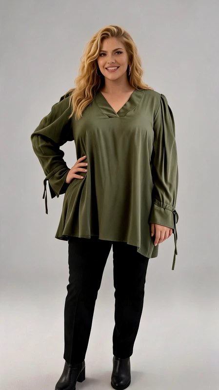 Plus size μπλούζα χακί με V λαιμόκοψη και διακοσμητικά δέσιματα στα μανίκια. Αέρινη και κομψή, αυτή η μπλούζα σε γήινη χακί απόχρωση είναι η τέλεια επιλογή για chic casual εμφανίσεις! Με άνετη γραμμή που κολακεύει τη σιλουέτα, διαθέτει V λαιμόκοψη που προσθέτει κομψότητα και μακριά μανίκια με διακοσμητικά δέσιματα στις μανσέτες για μια θηλυκή πινελιά. Το ελαφρύ και ανάλαφρο ύφασμά της την καθιστά ιδανική για όλη την ημέρα, από το πρωί μέχρι το βράδυ. Φοριέται τέλεια με τζιν ή κολάν για ένα effortless stylish look!
