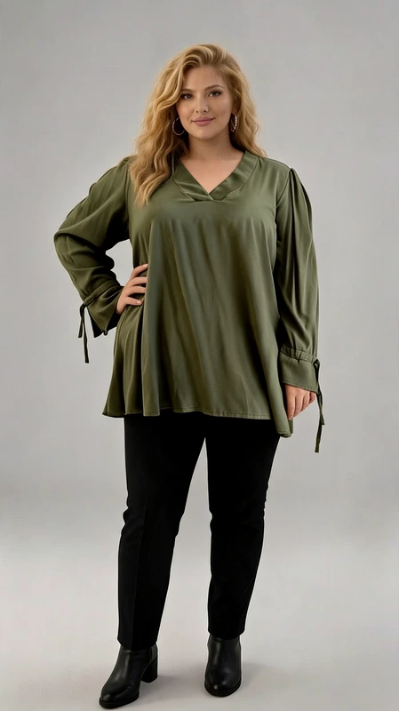 Μπλούζα γυναικεία μακρυμάνικη χακί - MPMKRN126 | Candiashop Boutique, Plus size μπλούζα χακί με V λαιμόκοψη και διακοσμητικά δέσιματα στα μανίκια. Αέρινη και κομψή, αυτή η μπλούζα σε γήινη χακί απόχρωση είναι η τέλεια επιλογή για chic casual εμφανίσεις! Με άνετη γραμμή που κολακεύει τη σιλουέτα, διαθέτει V λαιμόκοψη που προσθέτει κομψότητα και μακριά μανίκια με διακοσμητικά δέσιματα στις μανσέτες για μια θηλυκή πινελιά. Το ελαφρύ και ανάλαφρο ύφασμά της την καθιστά ιδανική για όλη την ημέρα, από το πρωί μέχρι το βράδυ. Φοριέται τέλεια με τζιν ή κολάν για ένα effortless stylish look!