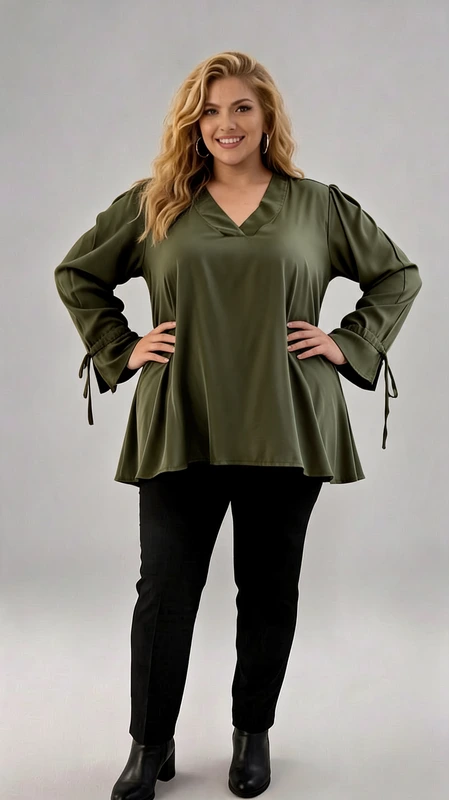 Plus size χακί μπλούζα με V λαιμόκοψη και δέσιμο στα μανίκια. Αέρινη και κομψή, αυτή η μπλούζα σε γήινη χακί απόχρωση είναι η ιδανική επιλογή για casual αλλά και πιο chic εμφανίσεις! Διαθέτει V λαιμόκοψη που αναδεικνύει το ντεκολτέ, ενώ τα μακριά μανίκια με διακοσμητικό δέσιμο στις μανσέτες προσθέτουν μια ιδιαίτερη θηλυκή πινελιά. Η χαλαρή, αέρινη εφαρμογή της εξασφαλίζει άνεση και κομψότητα όλη μέρα. Φοριέται εύκολα με τζιν ή υφασμάτινο παντελόνι για ένα effortless stylish look!