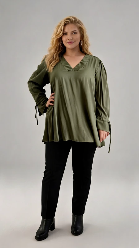 Μπλούζα γυναικεία μακρυμάνικη χακί - MPMKRN147 | Candiashop Boutique, Plus size χακί μπλούζα με V λαιμόκοψη και δέσιμο στα μανίκια. Αέρινη και κομψή, αυτή η μπλούζα σε γήινη χακί απόχρωση είναι η ιδανική επιλογή για casual αλλά και πιο chic εμφανίσεις! Διαθέτει V λαιμόκοψη που αναδεικνύει το ντεκολτέ, ενώ τα μακριά μανίκια με διακοσμητικό δέσιμο στις μανσέτες προσθέτουν μια ιδιαίτερη θηλυκή πινελιά. Η χαλαρή, αέρινη εφαρμογή της εξασφαλίζει άνεση και κομψότητα όλη μέρα. Φοριέται εύκολα με τζιν ή υφασμάτινο παντελόνι για ένα effortless stylish look!