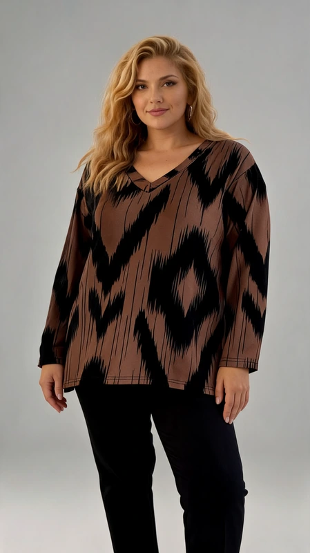 Μπλούζα γυναικεία μακρυμάνικη καφέ - MPMKRN184 | Candiashop Boutique, Αυτή η κομψή μπλούζα σε απόχρωση καφέ-ταμπά με εντυπωσιακό γεωμετρικό μοτίβο σε μαύρο χρώμα αποτελεί μια εξαιρετική επιλογή για το καθημερινό σας ντύσιμο. Το σχέδιο με τα χαρακτηριστικά ζικ-ζακ και ρόμβους δημιουργεί μια αίσθηση κίνησης και δυναμισμού, προσδίδοντας ιδιαίτερο ενδιαφέρον στο ένδυμα. Διαθέτει άνετη γραμμή με λαιμόκοψη V που κολακεύει τον λαιμό, ενώ τα μακριά μανίκια την καθιστούν ιδανική για τις μεταβατικές εποχές και τους χειμερινούς μήνες. Η φαρδιά εφαρμογή της προσφέρει άνεση και ελευθερία κινήσεων, ενώ ταυτόχρονα χαρίζει μια κομψή σιλουέτα. Μπορεί να συνδυαστεί τέλεια με μαύρο παντελόνι όπως στην εικόνα, αλλά και με τζιν ή φούστα για διαφορετικές περιστάσεις. Ιδανική τόσο για το γραφείο όσο και για καθημερινές εξόδους, αυτή η μπλούζα προσφέρει άνεση χωρίς να θυσιάζει το στυλ. Το υλικό της φαίνεται μαλακό και ευχάριστο στην αφή, εξασφαλίζοντας άνετη εφαρμογή καθ' όλη τη διάρκεια της ημέρας.