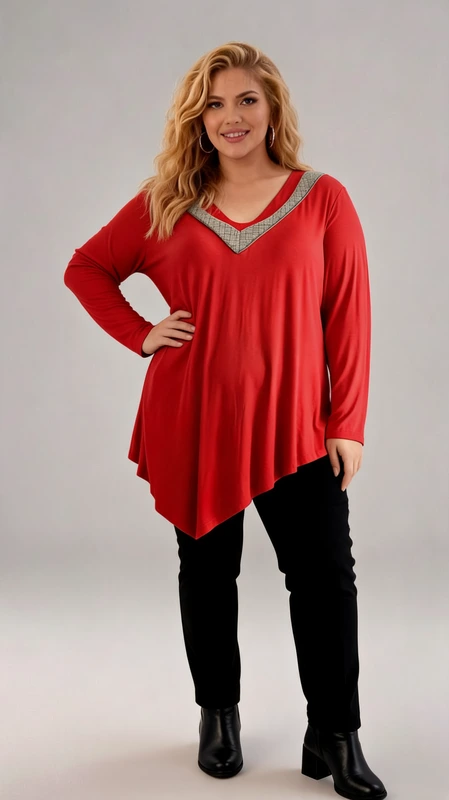 Plus size κόκκινη μπλούζα με V λαιμόκοψη και διακοσμητική λεπτομέρεια. Κομψότητα και δυναμικό στυλ σε μία εντυπωσιακή μπλούζα! Σε ζωηρή κόκκινη απόχρωση, διαθέτει V λαιμόκοψη με διακοσμητική γκλίτερ λεπτομέρεια που προσθέτει λάμψη και μοντέρνα αίσθηση. Το ασύμμετρο κόψιμο χαρίζει μοναδική κίνηση και θηλυκότητα, ενώ η άνετη εφαρμογή εξασφαλίζει ευκολία και στυλ για κάθε περίσταση. Ιδανική για casual αλλά και πιο elegant εμφανίσεις, φοριέται υπέροχα με μαύρο παντελόνι ή κολάν για ένα chic αποτέλεσμα!