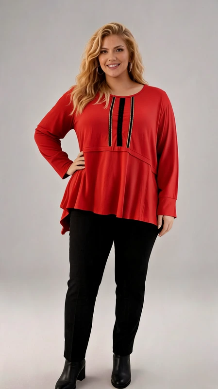 Plus size κόκκινη μπλούζα με διακοσμητικές ρίγες και ασύμμετρο κόψιμο. Ανανέωσε το look σου με αυτή τη μοντέρνα και κομψή κόκκινη μπλούζα! Διαθέτει διακοσμητικές κάθετες ρίγες μπροστά που χαρίζουν μια σπορτίφ και δυναμική πινελιά. Το ασύμμετρο κόψιμο και η χαλαρή γραμμή της προσφέρουν άνεση και στυλ για όλη τη μέρα. Με μακριά μανίκια και στρογγυλή λαιμόκοψη, φοριέται τέλεια με κολάν ή παντελόνι για ένα stylish casual look!
