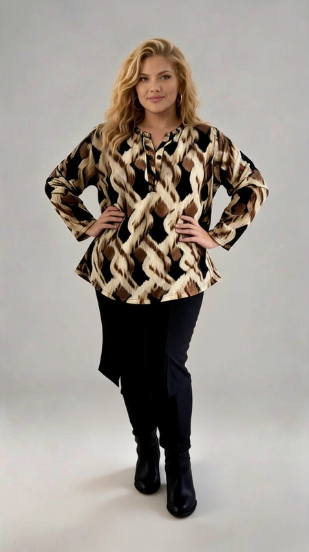 Μπλούζα γυναικεία μακρυμάνικη κρεμ - MPMKRN189 | Candiashop Boutique, Κομψή και μοντέρνα, αυτή η μακρυμάνικη μπλούζα με το εντυπωσιακό γεωμετρικό μοτίβο ikat σε αποχρώσεις μπεζ, καφέ και μαύρου θα αναβαθμίσει αμέσως την καθημερινή σας γκαρνταρόμπα. Το φαρδύ σχέδιο προσφέρει άνεση και κολακευτική εφαρμογή για κάθε σωματότυπο, ενώ το γιακά τύπου πουκαμίσου προσθέτει μια νότα κομψότητας. Η μπλούζα είναι κατασκευασμένη από υψηλής ποιότητας ύφασμα που πέφτει απαλά και χαρίζει ελευθερία κινήσεων. Συνδυάζεται τέλεια με μαύρο παντελόνι ή τζιν για καθημερινές εμφανίσεις, ενώ μπορεί εύκολα να μεταμορφωθεί σε βραδινό σύνολο με τα κατάλληλα αξεσουάρ. Το διαχρονικό μοτίβο και οι γήινες αποχρώσεις την καθιστούν ιδανική επιλογή για όλες τις εποχές. Ιδιαίτερο χαρακτηριστικό αποτελεί ο συνδυασμός του έντονου σχεδίου με την απλή γραμμή του ρούχου, δημιουργώντας ένα κομμάτι που ξεχωρίζει χωρίς να είναι υπερβολικό. Μια πολύτιμη προσθήκη στη συλλογή κάθε γυναίκας που εκτιμά την κομψότητα και τη λειτουργικότητα.
