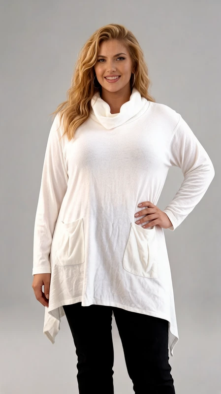 Plus size λευκή μπλούζα με ζιβάγκο και ασύμμετρο κόψιμο. Απαλή, άνετη και κομψή, αυτή η λευκή μπλούζα είναι η ιδανική επιλογή για cozy chic εμφανίσεις! Διαθέτει χαλαρό ζιβάγκο που προσφέρει ζεστασιά και στυλ, ενώ το ασύμμετρο κόψιμο προσθέτει μια μοντέρνα πινελιά. Οι πρακτικές τσέπες μπροστά δίνουν casual αίσθηση και κάνουν το ρούχο ακόμα πιο ευκολοφόρετο. Ιδανική για καθημερινές εμφανίσεις, φοριέται τέλεια με τζιν ή κολάν για ένα minimal αλλά εντυπωσιακό look!