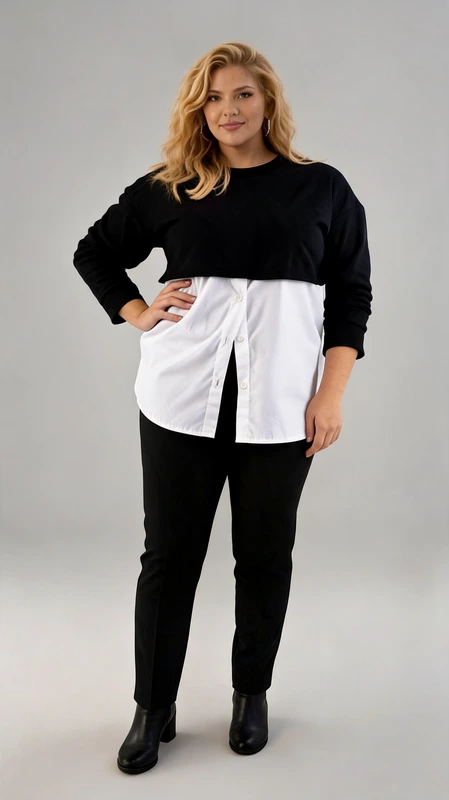 Plus size μπλούζα διχρωμίας μαύρο\u002Dλευκό με layered εφέ. Μοναδικό σχέδιο που συνδυάζει το formal με το casual στυλ! αυτή η μπλούζα σε διχρωμία μαύρου\u002Dλευκού δημιουργεί την αίσθηση δύο κομματιών, με cropped μαύρο τοπ στο πάνω μέρος και λευκό πουκάμισο στο κάτω μέρος. Το κουμπωτό σχέδιο και το άνοιγμα μπροστά προσθέτουν μια κομψή πινελιά, ενώ η άνετη εφαρμογή την καθιστά ιδανική για all\u002Dday looks. Φοριέται άψογα με παντελόνι ή φούστα για ένα σύγχρονο, chic αποτέλεσμα!