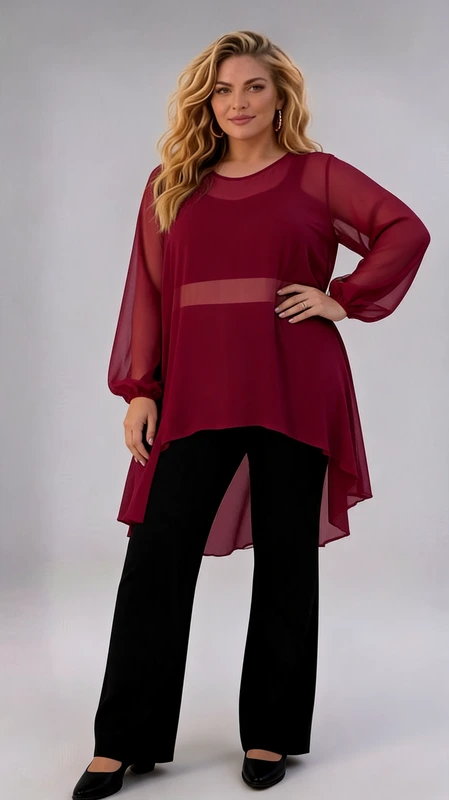 Γυναικείο μπορντό μπλουζοφόρεμα plus size ημιδιάφανο ασύμμετρo με balloon μανίκια. Ιδιαίτερο και πολύ εντυπωσιακό!
