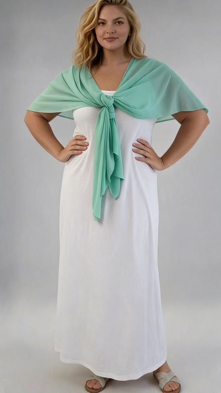 Μπολερό γαλάζιο καλοκαιρινό plus size - BOL114 | Candiashop Boutique, Ανακαλύψτε το ιδανικό καλοκαιρινό αξεσουάρ που θα μεταμορφώσει κάθε σας εμφάνιση. Αυτό το γυναικείο μπολερό είναι φτιαγμένο από ελαφρύ, διαφανές ύφασμα σιφόν που χαρίζει μια αέρινη, ρομαντική αίσθηση. Ο μονόχρωμος σχεδιασμός του σε έντονο βεραμάν χρώμα το καθιστά ευέλικτο και εύκολο να συνδυαστεί με διάφορα ρούχα. Το μπολερό φοριέται απλά τυλιγμένο γύρω από τους ώμους και δένεται μπροστά με έναν χαλαρό κόμπο, δημιουργώντας ένα κομψό και θηλυκό αποτέλεσμα. Η ελεύθερη εφαρμογή του το κάνει ιδανικό για plus size γυναίκες, καθώς κολακεύει τη σιλουέτα χωρίς να περιορίζει τις κινήσεις. Μπορεί να φορεθεί πάνω από λευκά ή μονόχρωμα φορέματα, όπως φαίνεται στη φωτογραφία, αλλά και πάνω από παντελόνια ή φούστες για μια ολοκληρωμένη καλοκαιρινή εμφάνιση. Ιδανικό για βραδινές εξόδους, γαμήλιες δεξιώσεις, καλοκαιρινές εκδηλώσεις ή ακόμα και για δροσιά σε κλιματιζόμενους χώρους.