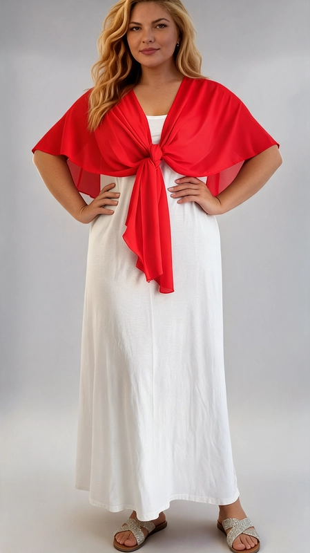 Μπολερό κόκκινο καλοκαιρινό plus size - BOL119 | Candiashop Boutique, Ανακαλύψτε το απόλυτο καλοκαιρινό αξεσουάρ με αυτό το εντυπωσιακό μπολερό σε ζωηρό κόκκινο χρώμα, ιδανικό για γυναίκες plus size που αγαπούν το στυλ και την άνεση. Κατασκευασμένο από ελαφρύ, διαφανές ύφασμα που θυμίζει σιφόν, δημιουργεί μια αέρινη και θηλυκή σιλουέτα που κολακεύει κάθε σώμα. Το μοναδικό του χαρακτηριστικό είναι ο τρόπος δεσίματος μπροστά με έναν κομψό κόμπο, που του δίνει ένα playful και μοντέρνο ύφος. Τα φαρδιά μανίκια σε στυλ cape πέφτουν χαριτωμένα στους ώμους, προσφέροντας ταυτόχρονα κάλυψη και ελευθερία κινήσεων. Μπορεί να φορεθεί με λευκό maxi φόρεμα για μια εντυπωσιακή αντίθεση χρωμάτων, όπως φαίνεται στη φωτογραφία, αλλά και με τζιν παντελόνι ή ψηλόμεση φούστα για πιο casual εμφανίσεις. Ιδανικό για βραδινές έξοδους, γάμους, βαφτίσια ή καλοκαιρινές εκδηλώσεις, αυτό το μπολερό είναι το τέλειο κομμάτι που θα αναβαθμίσει άμεσα κάθε σας εμφάνιση.
