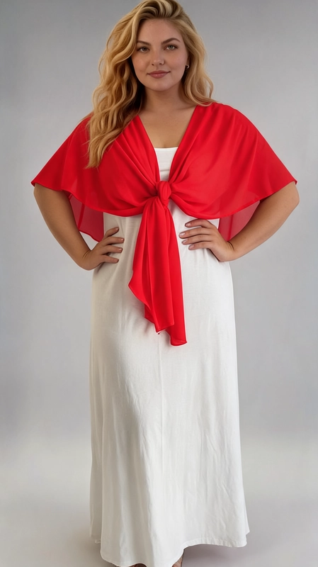Μπολερό κόκκινο καλοκαιρινό plus size - BOL119 | Candiashop Boutique, Ανακαλύψτε το απόλυτο καλοκαιρινό αξεσουάρ με αυτό το εντυπωσιακό μπολερό σε ζωηρό κόκκινο χρώμα, ιδανικό για γυναίκες plus size που αγαπούν το στυλ και την άνεση. Κατασκευασμένο από ελαφρύ, διαφανές ύφασμα που θυμίζει σιφόν, δημιουργεί μια αέρινη και θηλυκή σιλουέτα που κολακεύει κάθε σώμα. Το μοναδικό του χαρακτηριστικό είναι ο τρόπος δεσίματος μπροστά με έναν κομψό κόμπο, που του δίνει ένα playful και μοντέρνο ύφος. Τα φαρδιά μανίκια σε στυλ cape πέφτουν χαριτωμένα στους ώμους, προσφέροντας ταυτόχρονα κάλυψη και ελευθερία κινήσεων. Μπορεί να φορεθεί με λευκό maxi φόρεμα για μια εντυπωσιακή αντίθεση χρωμάτων, όπως φαίνεται στη φωτογραφία, αλλά και με τζιν παντελόνι ή ψηλόμεση φούστα για πιο casual εμφανίσεις. Ιδανικό για βραδινές έξοδους, γάμους, βαφτίσια ή καλοκαιρινές εκδηλώσεις, αυτό το μπολερό είναι το τέλειο κομμάτι που θα αναβαθμίσει άμεσα κάθε σας εμφάνιση.