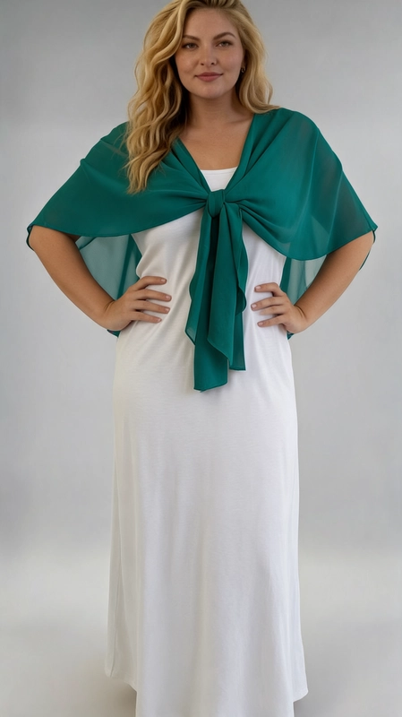Μπολερό πετρόλ καλοκαιρινό plus size - BOL115 | Candiashop Boutique, Ανακαλύψτε το τέλειο καλοκαιρινό αξεσουάρ που θα μεταμορφώσει κάθε σας εμφάνιση. Αυτό το υπέροχο γυναικείο μπολερό σε βαθύ πράσινο χρώμα σμαραγδί είναι φτιαγμένο από ελαφριά, διάφανη ύφανση που χαρίζει μια αέρινη, ρομαντική αίσθηση. Το μοναδικό του σχέδιο περιλαμβάνει φαρδιά, ρέουσα κοπή που αγκαλιάζει τους ώμους και πέφτει χαριτωμένα στα πλάγια, δημιουργώντας ένα κομψό εφέ κάπας. Το εντυπωσιακό δέσιμο στο μπροστινό μέρος προσθέτει έναν παιχνιδιάρικο τόνο, ενώ ταυτόχρονα τονίζει τη σιλουέτα με τον πιο κολακευτικό τρόπο. Ιδανικό για plus size γυναίκες που αναζητούν στυλ και άνεση, το μπολερό αυτό ταιριάζει τέλεια με λευκά ή μονόχρωμα maxi φορέματα, όπως φαίνεται στη φωτογραφία. Μπορεί να φορεθεί σε καλοκαιρινές εκδηλώσεις, βραδινές έξοδους, γάμους ή ακόμα και σε διακοπές. Το σμαραγδί χρώμα του δίνει μια πολυτελή, φρέσκια νότα που θα σας κάνει να ξεχωρίζετε.
