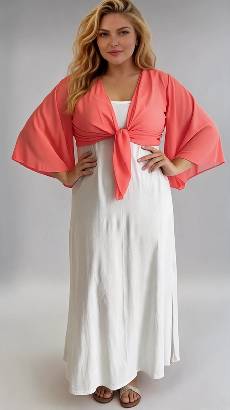 Μπολερό πορτοκαλί καλοκαιρινό plus size - BOL118 | Candiashop Boutique, Ανακαλύψτε το τέλειο καλοκαιρινό αξεσουάρ με αυτό το εντυπωσιακό μπολερό σε ζωηρό κοραλί χρώμα, που αποπνέει θηλυκότητα και στυλ. Κατασκευασμένο από ελαφριά, διάφανη ύφανση, προσφέρει μια αέρινη και ρομαντική αίσθηση, ιδανική για τις ζεστές καλοκαιρινές μέρες. Το κύριο χαρακτηριστικό του είναι οι φαρδιές, κυματιστές μανίκες τύπου butterfly που δημιουργούν μια κομψή σιλουέτα. Το μπροστινό δέσιμο με κόμπο προσφέρει έναν παιχνιδιάρικο, boho-chic χαρακτήρα, ενώ παράλληλα επιτρέπει εύκολη εφαρμογή και ρύθμιση για κάθε σώμα. Ιδανικό για plus size γυναίκες που θέλουν να αναδείξουν τις καμπύλες τους με χάρη και αυτοπεποίθηση. Μπορεί να φορεθεί πάνω από ένα λευκό maxi φόρεμα, όπως στη φωτογραφία, δημιουργώντας ένα εντυπωσιακό χρωματικό contrast. Είναι επίσης τέλειο για παραλία, καλοκαιρινές εκδρομές, γαμήλιες δεξιώσεις ή βραδινές έξοδοι. Ένα must-have κομμάτι που αναβαθμίζει κάθε καλοκαιρινό σύνολο!