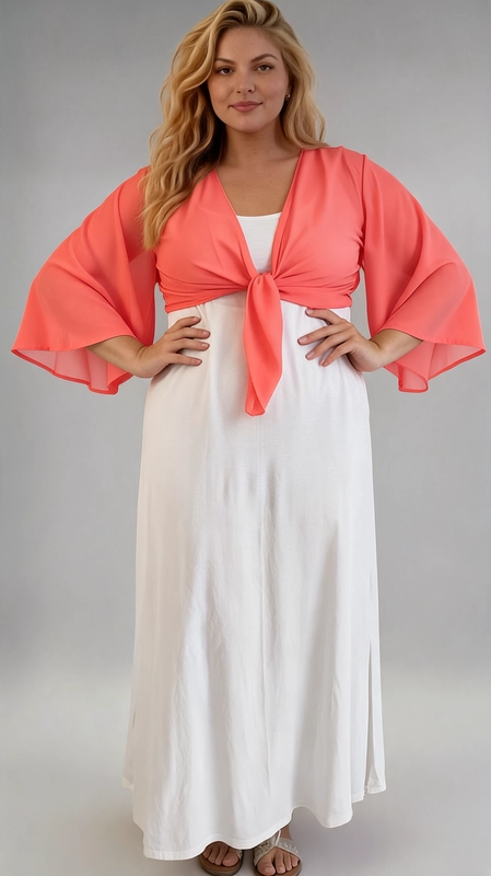 Μπολερό πορτοκαλί καλοκαιρινό plus size - BOL118 | Candiashop Boutique, Ανακαλύψτε το τέλειο καλοκαιρινό αξεσουάρ με αυτό το εντυπωσιακό μπολερό σε ζωηρό κοραλί χρώμα, που αποπνέει θηλυκότητα και στυλ. Κατασκευασμένο από ελαφριά, διάφανη ύφανση, προσφέρει μια αέρινη και ρομαντική αίσθηση, ιδανική για τις ζεστές καλοκαιρινές μέρες. Το κύριο χαρακτηριστικό του είναι οι φαρδιές, κυματιστές μανίκες τύπου butterfly που δημιουργούν μια κομψή σιλουέτα. Το μπροστινό δέσιμο με κόμπο προσφέρει έναν παιχνιδιάρικο, boho-chic χαρακτήρα, ενώ παράλληλα επιτρέπει εύκολη εφαρμογή και ρύθμιση για κάθε σώμα. Ιδανικό για plus size γυναίκες που θέλουν να αναδείξουν τις καμπύλες τους με χάρη και αυτοπεποίθηση. Μπορεί να φορεθεί πάνω από ένα λευκό maxi φόρεμα, όπως στη φωτογραφία, δημιουργώντας ένα εντυπωσιακό χρωματικό contrast. Είναι επίσης τέλειο για παραλία, καλοκαιρινές εκδρομές, γαμήλιες δεξιώσεις ή βραδινές έξοδοι. Ένα must-have κομμάτι που αναβαθμίζει κάθε καλοκαιρινό σύνολο!