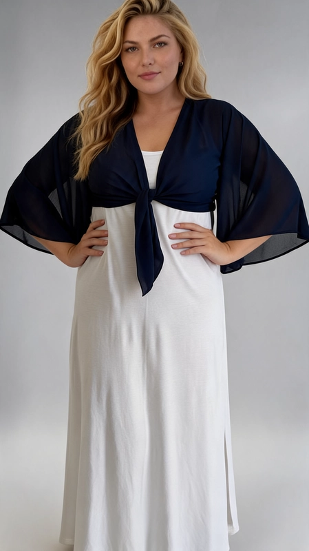 Μπολερό σκούρο μπλε καλοκαιρινό plus size - BOL117 | Candiashop Boutique, Ανακαλύψτε το απόλυτο καλοκαιρινό αξεσουάρ με αυτό το υπέροχο γυναικείο μπολερό plus size σε βαθύ ναυτικό μπλε χρώμα. Κατασκευασμένο από ελαφρύ, ημιδιάφανο ύφασμα σιφόν, προσφέρει μια αέρινη και θηλυκή σιλουέτα που κολακεύει κάθε σώμα. Το ιδιαίτερο δέσιμο στο μπροστινό μέρος δημιουργεί έναν κομψό κόμπο που τονίζει τη μέση, ενώ τα φαρδιά μανίκια με ελεύθερη ροή προσθέτουν μια boho-chic αίσθηση στο σύνολό σας. Το μπολερό αυτό συνδυάζεται αρμονικά με λευκά maxi φορέματα, όπως φαίνεται στη φωτογραφία, δημιουργώντας ένα κλασικό ναυτικό look. Μπορεί επίσης να φορεθεί με ψηλόμεσα παντελόνια ή φούστες για μια πιο casual εμφάνιση. Ιδανικό για καλοκαιρινές εκδρομές, βραδινές έξοδους σε παραθαλάσσια εστιατόρια, γάμους ή καλοκαιρινές εκδηλώσεις. Η ελεύθερη εφαρμογή και το απαλό ύφασμα το καθιστούν ιδιαίτερα άνετο, ενώ η κομψή του γραμμή εξασφαλίζει ότι θα ξεχωρίζετε σε κάθε περίσταση.
