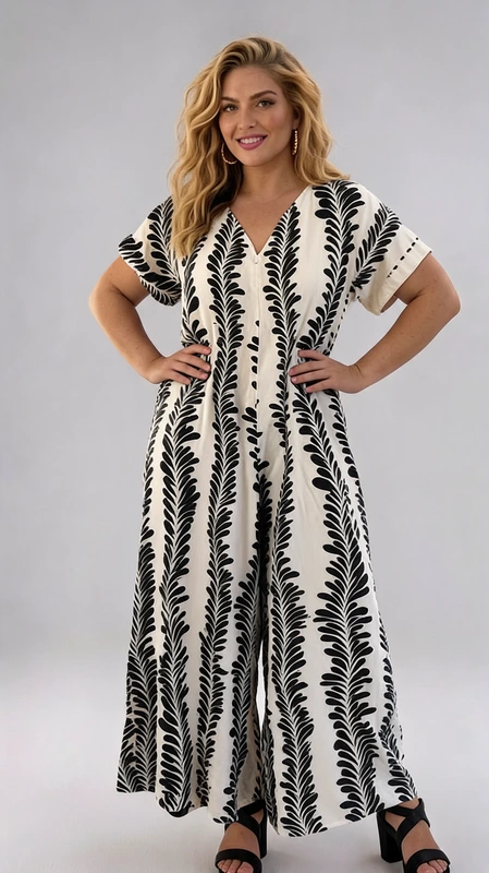 Αυτή η εντυπωσιακή ολόσωμη φόρμα plus size αποτελεί την ιδανική επιλογή για το καλοκαίρι. Σε λευκό φόντο με κομψό μοτίβο από μαύρα φτερωτά σχέδια που διατρέχουν κάθετα το ύφασμα, προσφέρει μια διαχρονική αντίθεση που κολακεύει κάθε σιλουέτα. Η φαρδιά γραμμή με το χαλαρό V στο ντεκολτέ χαρίζει άνεση και αέρινη αίσθηση, ενώ τα κοντά μανίκια ολοκληρώνουν την καλοκαιρινή εμφάνιση. Διαθέτει πρακτικές πλαϊνές τσέπες και φαρδιά εφαρμογή που επιτρέπει την ελεύθερη κίνηση, ιδανική για ζεστές καλοκαιρινές μέρες. Το μακρύ μήκος της φόρμας προσφέρει κομψότητα και μπορεί να συνδυαστεί τέλεια με επίπεδα σανδάλια για καθημερινές εμφανίσεις ή με πλατφόρμες για βραδινές εξόδους. Το ασπρόμαυρο μοτίβο είναι εύκολο στο συνδυασμό με αξεσουάρ σε έντονα χρώματα όπως κόκκινο ή τυρκουάζ για μια πιο ζωηρή εμφάνιση. Ιδανική επιλογή για παραθαλάσσιες βόλτες, καλοκαιρινά ταξίδια ή χαλαρά απογευματινά ραντεβού.