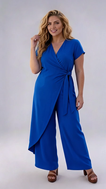 Γυναικεία ολόσωμη φόρμα μελανζέ plus size - OFS103 | Candiashop Boutique, Αυτή η εντυπωσιακή ολόσωμη φόρμα σε έντονο μπλε ρουά χρώμα είναι η τέλεια επιλογή για το καλοκαίρι σε μεγάλα μεγέθη. Με κρουαζέ σχεδιασμό που κολακεύει κάθε σιλουέτα, διαθέτει κοντά μανίκια για άνεση στις ζεστές ημέρες και φαρδιά παντελόνα που χαρίζει αέρινη αίσθηση και ελευθερία κινήσεων. Η ζώνη στη μέση που δένει στο πλάι αναδεικνύει τη σιλουέτα, προσφέροντας παράλληλα τη δυνατότητα προσαρμογής της εφαρμογής. Ιδανική για καλοκαιρινές βραδινές εξόδους, κοκτέιλ πάρτι ή ακόμα και για επίσημες περιστάσεις όταν συνδυαστεί με τα κατάλληλα αξεσουάρ. Φορέστε την με ψηλοτάκουνα πέδιλα για βραδινές εμφανίσεις ή με flat σανδάλια για πιο καθημερινές περιστάσεις. Το λείο, ελαφρύ ύφασμα προσφέρει άνεση καθ' όλη τη διάρκεια της ημέρας, ενώ η απλή αλλά κομψή γραμμή της την καθιστά διαχρονικό κομμάτι για κάθε γυναικεία γκαρνταρόμπα. Μια πολυτελής επιλογή που συνδυάζει στυλ, άνεση και θηλυκότητα.