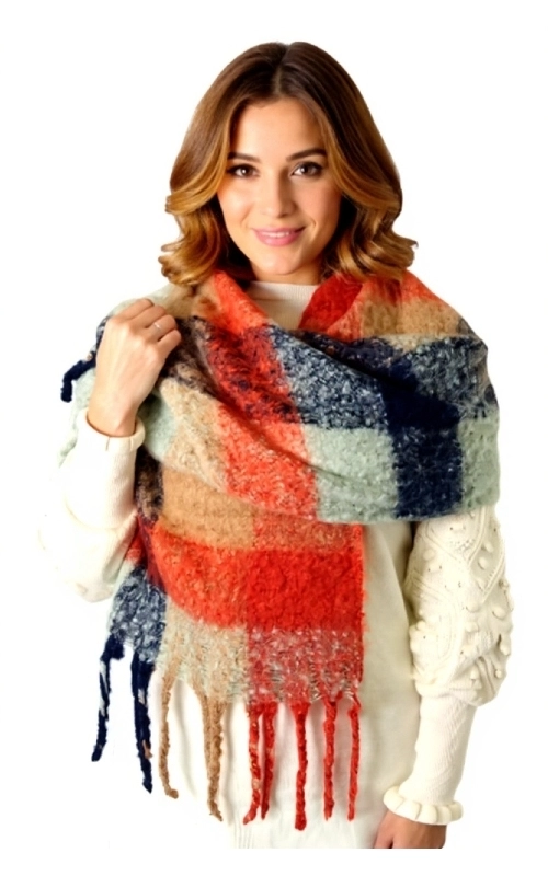 Χειμωνιάτικη γυναικεία πασμίνα μπλε πορτοκαλί από μαλλί, ζεστή, ελαφριά και πολύ ιδιαίτερη. Ένα απαραίτητο αξεσουάρ μόδας για τη χειμωνιάτικη γκαρνταρόμπα σας για να σας κρατήσει ζεστή το χειμώνα.