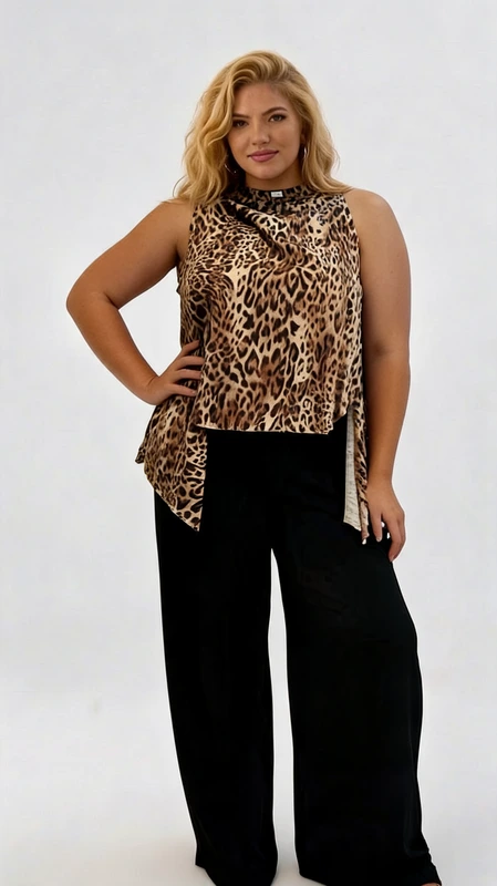 Αμάνικο γιλέκο γυναικείο animal print - GPS136 | Candiashop Boutique, Αυτό το κομψό αμάνικο γυναικείο γιλέκο με λεοπάρ μοτίβο αποτελεί την τέλεια προσθήκη στη γκαρνταρόμπα σας. Σε αποχρώσεις του καφέ και μπεζ, το animal print μοτίβο προσδίδει έναν αέρα πολυτέλειας και στυλ. Το γιλέκο διαθέτει έναν διακριτικό ψηλό γιακά και μια μοναδική ασύμμετρη σχεδίαση στο τελείωμα που δημιουργεί ένα κολακευτικό εφέ για όλους τους σωματότυπους. Συνδυάζεται τέλεια με τα μαύρα φαρδιά παντελόνια που φαίνονται στην εικόνα, αλλά θα ταιριάξει εξίσου ωραία με τζιν, κολάν ή φούστες. Η αέρινη υφή του υφάσματος προσφέρει άνεση και κίνηση. Ιδανικό για το γραφείο με ένα σακάκι, αλλά και για βραδινές εξόδους με τα κατάλληλα αξεσουάρ. Η ασύμμετρη γραμμή στο κάτω μέρος προσθέτει μια μοντέρνα πινελιά, κάνοντας αυτό το γιλέκο να ξεχωρίζει από τα συνηθισμένα. Η άνετη εφαρμογή του κολακεύει τη σιλουέτα, προσφέροντας στυλ χωρίς συμβιβασμούς στην άνεση.