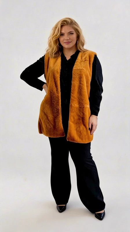 Αμάνικο γιλέκο γυναικείο γκρι - GPS164 | Candiashop Boutique, Αυτό το κομψό γιλέκο σε λαμπερό πορτοκαλί-ταμπά χρώμα αποτελεί την ιδανική προσθήκη στη χειμερινή σας γκαρνταρόμπα. Κατασκευασμένο από εξαιρετικά απαλή συνθετική γούνα, προσφέρει μοναδική αίσθηση πολυτέλειας και ζεστασιά χωρίς να προσθέτει όγκο. Η μακριά γραμμή του καλύπτει τους γοφούς, χαρίζοντας κομψότητα και άνεση σε κάθε σιλουέτα. Ο αμάνικος σχεδιασμός του επιτρέπει εύκολους συνδυασμούς με μακρυμάνικες μπλούζες ή πουλόβερ, όπως το μαύρο που παρουσιάζεται στην εικόνα. Φορέστε το με παντελόνι ή τζιν για καθημερινές εμφανίσεις ή συνδυάστε το με φόρεμα και μπότες για πιο επίσημες περιστάσεις. Το ζεστό πορτοκαλί χρώμα του προσθέτει μια ζωντανή πινελιά στα χειμωνιάτικα σύνολα και αναδεικνύει τη φυσική ομορφιά της επιδερμίδας. Το γιλέκο διαθέτει ανοιχτή πρόσοψη που επιτρέπει ελευθερία κινήσεων και προσαρμόζεται εύκολα σε διαφορετικά στυλ ντυσίματος. Η εξαιρετική ποιότητα κατασκευής εξασφαλίζει διάρκεια και διατήρηση της μορφής του ακόμα και μετά από πολλές χρήσεις.