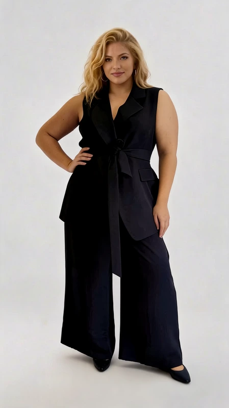 Αμάνικο γιλέκο γυναικείο μαύρο - GPS163 | Candiashop Boutique, Κομψό σύνολο αμάνικου γιλέκου και παντελόνας σε βαθύ μαύρο χρώμα, ιδανικό για τη σύγχρονη γυναίκα που αναζητά στυλ και άνεση. Το γιλέκο διαθέτει κλασικό γιακά και εντυπωσιακή ζώνη στη μέση που δένει με κομψό φιόγκο, τονίζοντας τη σιλουέτα και προσδίδοντας θηλυκότητα. Οι λεπτομέρειες περιλαμβάνουν διακριτικές τσέπες που συνδυάζουν πρακτικότητα και στυλ. Η φαρδιά παντελόνα με το ρευστό ύφασμα χαρίζει άνεση στην κίνηση και μια αίσθηση πολυτέλειας. Το σύνολο αυτό μπορεί να φορεθεί τόσο σε επαγγελματικές συναντήσεις όσο και σε βραδινές εξόδους, συνδυασμένο με ψηλοτάκουνα παπούτσια και κομψά αξεσουάρ. Κατάλληλο για όλες τις σωματικές διαπλάσεις, αγκαλιάζει τις καμπύλες με κολακευτικό τρόπο. Το υψηλής ποιότητας ύφασμα εξασφαλίζει ανθεκτικότητα και διατηρεί το σχήμα του ακόμα και μετά από πολύωρη χρήση. Ένα διαχρονικό κομμάτι που θα αναβαθμίσει άμεσα τη γκαρνταρόμπα σας.