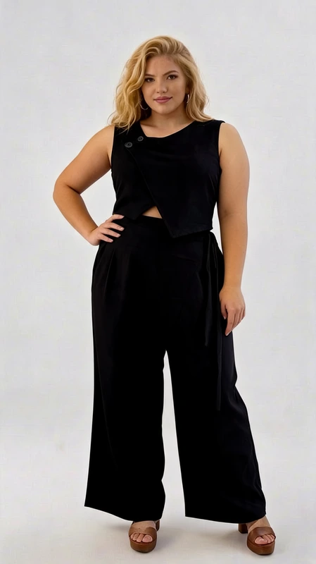 Αμάνικο γιλέκο γυναικείο μαύρο - GPS156 | Candiashop Boutique, Κομψό μαύρο γυναικείο γιλέκο που συνδυάζει στυλ και άνεση για την καθημερινή σας εμφάνιση. Το αμάνικο γιλέκο με ασύμμετρο σχεδιασμό, διαθέτει ιδιαίτερο κόψιμο στην περιοχή της μέσης, που προσφέρει μια διακριτική νότα θηλυκότητας, ενώ το κουμπί στον ώμο προσθέτει μια ενδιαφέρουσα λεπτομέρεια. Συνδυάζεται με φαρδύ παντελόνι σε αντίστοιχο βαθύ μαύρο χρώμα, που χαρίζει άνεση και κομψότητα. Το σύνολο αυτό είναι ιδανικό για περιστάσεις από το πρωί μέχρι το βράδυ, καθώς μπορεί εύκολα να μεταμορφωθεί από καθημερινό σε βραδινό outfit. Φορέστε το με επίπεδα σανδάλια, όπως στην εικόνα, για μια χαλαρή εμφάνιση ή συνδυάστε το με ψηλοτάκουνα και εντυπωσιακά αξεσουάρ για βραδινές εξόδους. Η αέρινη υφή του υφάσματος εξασφαλίζει άνετη εφαρμογή για όλες τις σωματικές διαπλάσεις, αναδεικνύοντας τη σιλουέτα με κολακευτικό τρόπο. Ένα διαχρονικό κομμάτι που δεν πρέπει να λείπει από καμία γκαρνταρόμπα.