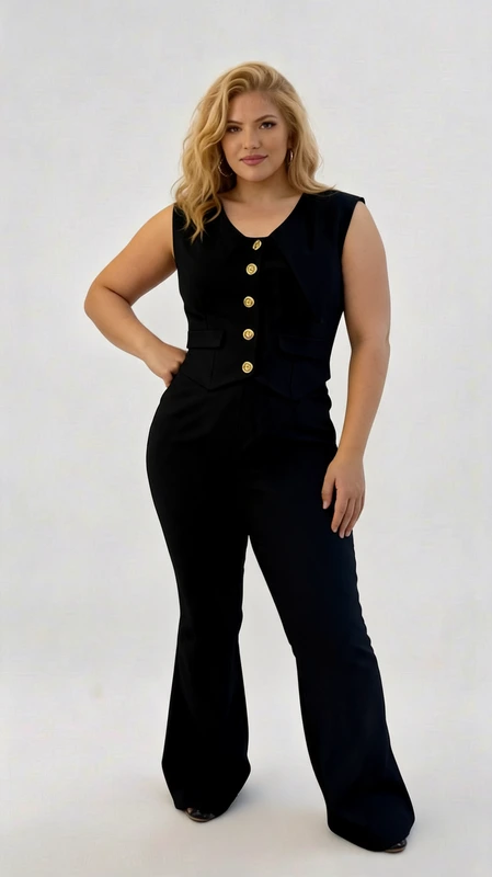 Αμάνικο γιλέκο γυναικείο μαύρο - GPS166 | Candiashop Boutique, Αυτή η κομψή ολόσωμη φόρμα σε βαθύ μπλε σκούρο (navy) χρώμα αποτελεί την ιδανική επιλογή για την καθημερινή σας εμφάνιση με στυλ. Διαθέτει αμάνικο σχεδιασμό με στρογγυλή λαιμόκοψη που κολακεύει κάθε σωματότυπο, ενώ η σειρά από χρυσαφένια διακοσμητικά κουμπιά στο μπροστινό μέρος προσθέτει μια πινελιά κομψότητας. Το ενσωματωμένο τσεπάκι στο πάνω μέρος προσφέρει τόσο λειτουργικότητα όσο και στυλ. Η φόρμα έχει άνετη εφαρμογή που αγκαλιάζει το σώμα χωρίς να περιορίζει, ενώ τα φαρδιά μπατζάκια χαρίζουν κομψότητα και ελευθερία κινήσεων. Είναι ιδανική για επαγγελματικές συναντήσεις όταν συνδυάζεται με ένα κομψό σακάκι, αλλά μπορεί εύκολα να μεταμορφωθεί σε βραδινό outfit με τα κατάλληλα αξεσουάρ. Φορέστε την με ψηλοτάκουνες γόβες για μια εντυπωσιακή εμφάνιση ή με κομψά flat παπούτσια για πιο casual περιστάσεις. Η υψηλής ποιότητας ύφανση του υφάσματος εξασφαλίζει άνεση και ανθεκτικότητα για πολλές χρήσεις.