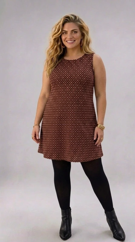 Plus size φόρεμα χειμωνιάτικο μίνι σε καφέ χρώμα, αμάνικο, σε άλφα γραμμή, από jersey. Ένα καθημερινό φόρεμα που φοριέται Φθινόπωρο, Χειμώνα, έως και Άνοιξη.