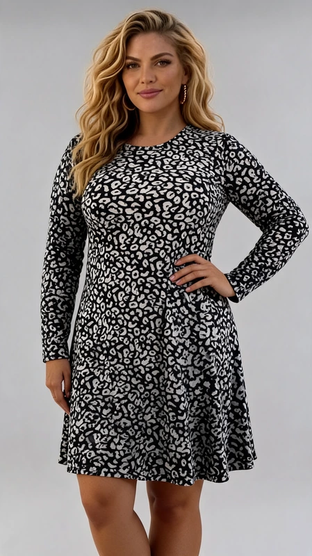 Αυτό το κομψό φόρεμα plus size αποτελεί την ιδανική προσθήκη στη χειμωνιάτικη γκαρνταρόμπα σας. Σε μια εντυπωσιακή ασπρόμαυρη παλέτα, διαθέτει ένα μοντέρνο λεοπάρ μοτίβο που προσδίδει στυλ και διαχρονική κομψότητα. Το φόρεμα έχει άνετη γραμμή με μήκος που φτάνει λίγο πάνω από το γόνατο, χαρίζοντας μια κολακευτική εμφάνιση σε κάθε σωματότυπο. Τα μακριά μανίκια το καθιστούν ιδανικό για τις ψυχρότερες ημέρες, ενώ η στρογγυλή λαιμόκοψη προσφέρει κομψότητα και άνεση. Η ελαφρώς γραμμή Α του φορέματος αγκαλιάζει τις καμπύλες με κολακευτικό τρόπο, δημιουργώντας μια θηλυκή σιλουέτα. Μπορεί να φορεθεί με μαύρες γόβες για μια επίσημη εμφάνιση στο γραφείο ή σε βραδινές εξόδους, ενώ συνδυάζεται εξίσου όμορφα με μποτάκια και ένα μαύρο δερμάτινο μπουφάν για πιο casual περιστάσεις. Η υψηλής ποιότητας ελαστική ύφανση εξασφαλίζει άνεση καθ\u0027 όλη τη διάρκεια της ημέρας, ενώ το διαχρονικό σχέδιό του το καθιστά μια έξυπνη επένδυση για το χειμωνιάτικο ντύσιμό σας.