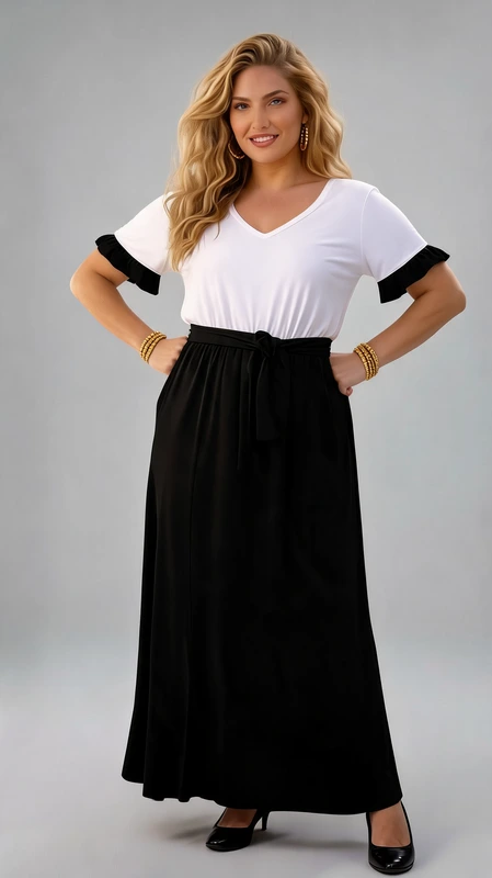Plus size φόρεμα άσπρο μαύρο με ζωνάκι ελαστικό μακό