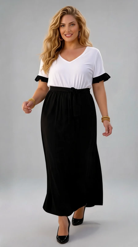 Plus size φόρεμα άσπρο μαύρο - ΦPS052 | Candiashop Boutique, Plus size φόρεμα άσπρο μαύρο με ζωνάκι ελαστικό μακό