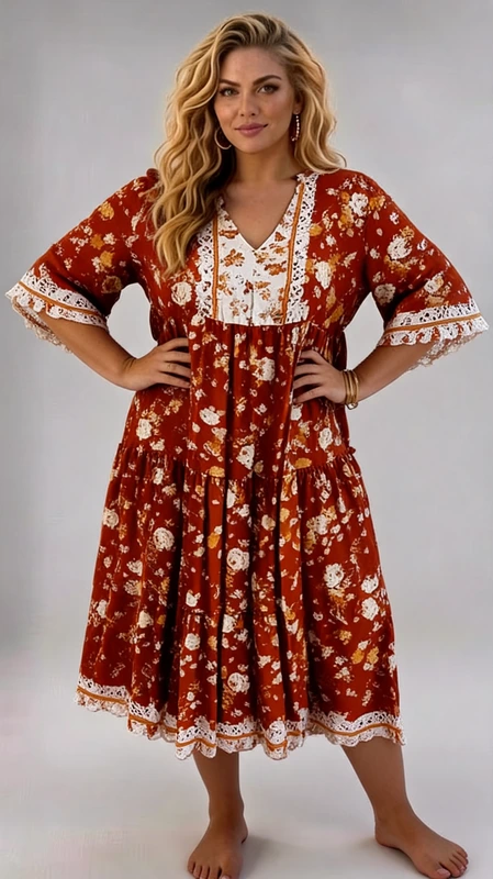 Ένα υπέροχο boho φόρεμα σε πλούσιο κεραμιδί χρώμα, διακοσμημένο με ρομαντικό floral μοτίβο από λευκά και μελί άνθη που απλώνονται σε όλη την επιφάνεια. Το σχέδιό του συνδυάζει ιδανικά τη θηλυκότητα με την άνεση, κάνοντάς το ιδανική επιλογή για κάθε plus size γυναίκα που θέλει να αναδείξει τη φιγούρα της με στυλ. Διαθέτει κομψό V\u002Dλαιμόκοψη με λευκή δαντέλα και διακοσμητικά στοιχεία στο μπούστο, ενώ η γραμμή empire δημιουργεί κολακευτική εφαρμογή. Οι βολάν στρώσεις στη φούστα και τα μανίκια με δαντελένια τελείωση προσδίδουν ρομαντική και αέρινη διάθεση. Το midi μήκος του εξασφαλίζει κομψή εμφάνιση, ενώ το ελαφρύ ύφασμα το κάνει ιδανικό για ζεστές μέρες. Μπορεί να φορεθεί σε καλοκαιρινές εκδρομές, σε beach parties, σε casual γεύματα αλλά και σε πιο επίσημες περιστάσεις. Συνδυάστε το με σανδάλια και statement σκουλαρίκια για ένα ολοκληρωμένο, boho\u002Dchic look που θα τραβήξει όλα τα βλέμματα.