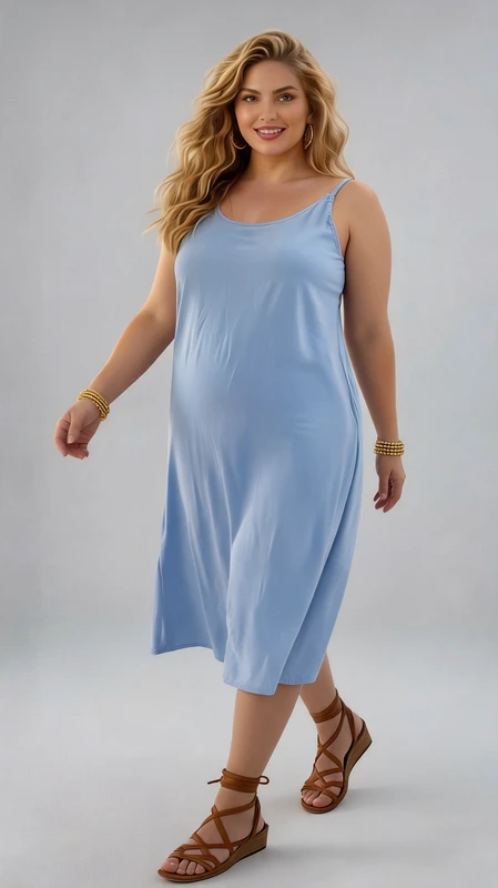 Plus size φόρεμα καλοκαιρινό γαλάζιο - FRW425 | Candiashop Boutique, Αυτό το κομψό φόρεμα σε απαλό γαλάζιο χρώμα αποτελεί την ιδανική επιλογή για τις ζεστές καλοκαιρινές ημέρες. Κατασκευασμένο από ελαφρύ, αεράτο ύφασμα που προσφέρει άνεση και δροσιά, διαθέτει φαρδιά γραμμή που κολακεύει όλους τους σωματότυπους. Το απλό σχέδιο με τιράντες και στρογγυλή λαιμόκοψη το καθιστά εύκολο στο συνδυασμό, ενώ το μήκος του που φτάνει στη μέση της γάμπας προσφέρει κομψότητα και άνεση κίνησης. Μπορεί να φορεθεί με λευκά flat παπούτσια όπως στην εικόνα για καθημερινές εμφανίσεις, ή με σανδάλια και ψάθινη τσάντα για βόλτες στην παραλία. Τις πιο δροσερές βραδιές, συνδυάστε το με ένα λεπτό τζιν μπουφάν ή ένα ελαφρύ καρντιγκάν. Η χαλαρή εφαρμογή του και το ελαφρώς κυματιστό τελείωμα στο κάτω μέρος προσθέτουν μια θηλυκή πινελιά, ενώ η απουσία επιπλέον διακοσμητικών στοιχείων το καθιστά διαχρονικό και πολυμορφικό κομμάτι για κάθε καλοκαιρινή γκαρνταρόμπα.