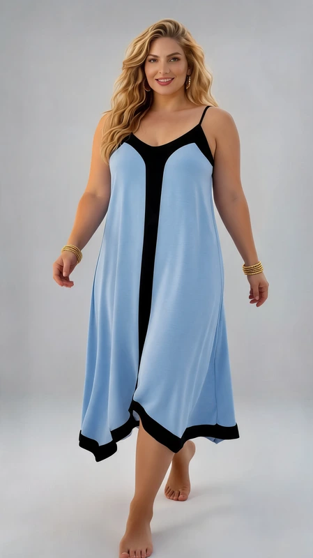 Plus size φόρεμα καλοκαιρινό γαλάζιο - FRW427 | Candiashop Boutique, Αυτό το καλοκαιρινό φόρεμα σε γαλάζιο χρώμα με μαύρες λεπτομέρειες αποτελεί την ιδανική επιλογή για τις ζεστές ημέρες. Διαθέτει λεπτές τιράντες και χαλαρή γραμμή που κολακεύει κάθε σωματότυπο, ενώ το ασύμμετρο τελείωμα με τις μυτερές απολήξεις προσθέτει ένα μοντέρνο στοιχείο στο σύνολο. Η αντίθεση του απαλού γαλάζιου με το έντονο μαύρο περίγραμμα δημιουργεί ένα κομψό οπτικό εφέ που αναδεικνύει τη σιλουέτα. Κατασκευασμένο από ελαφρύ, αεράτο ύφασμα που ρέει άνετα στο σώμα, είναι ιδανικό για καθημερινές εμφανίσεις, βόλτες στην παραλία ή καλοκαιρινά απογευματινά ραντεβού. Συνδυάζεται τέλεια με μαύρα πέδιλα όπως αυτά της φωτογραφίας, ενώ μπορείτε να το ολοκληρώσετε με ένα λεπτό κόσμημα και μια μικρή τσάντα για ένα ολοκληρωμένο σύνολο. Η άνετη εφαρμογή του το καθιστά μια εξαιρετική επιλογή για όλες τις γυναίκες που αναζητούν στυλ και άνεση στις καλοκαιρινές τους εμφανίσεις.