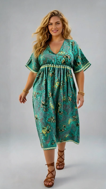 Plus size φόρεμα καλοκαιρινό γαλάζιο - FRW455 | Candiashop Boutique, Αυτό το εντυπωσιακό καλοκαιρινό φόρεμα σε υπέροχη απόχρωση τιρκουάζ θα αναβαθμίσει άμεσα τη γκαρνταρόμπα σας. Διαθέτει λεπτομερές φλοράλ μοτίβο σε αποχρώσεις του πράσινου, κίτρινου και καφέ που προσδίδει μια αίσθηση εξωτικής κομψότητας. Η χαλαρή, άνετη γραμμή με empire μέση τονισμένη με κίτρινη λεπτομέρεια κολακεύει κάθε σωματότυπο, ενώ τα φαρδιά μανίκια τύπου kimono προσφέρουν κομψή κάλυψη. Το βαθύ V λαιμόκοψη χαρίζει θηλυκότητα, ενώ το μάκρος του φορέματος φτάνει μέχρι τον αστράγαλο για μια αέρινη, δροσερή αίσθηση. Ιδανικό για παραθαλάσσιες εξορμήσεις, καλοκαιρινά πάρτι ή απογευματινούς περιπάτους. Συνδυάστε το με χρυσά κοσμήματα, όπως το κολιέ-τσόκερ που φαίνεται στη φωτογραφία, και επίπεδα σανδάλια για μια ολοκληρωμένη εμφάνιση. Το ελαφρύ, αεράτο ύφασμα είναι ιδανικό για τις ζεστές καλοκαιρινές ημέρες, προσφέροντας άνεση και στυλ χωρίς συμβιβασμούς.