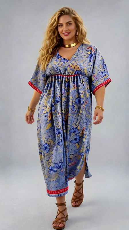 Plus size φόρεμα καλοκαιρινό γαλάζιο - FRW457 | Candiashop Boutique, Αυτό το μαγευτικό καφτάνι σε απαλό γαλάζιο φόντο με έντονα μπλε λουλούδια αποτελεί την τέλεια επιλογή για τις καλοκαιρινές σας εξορμήσεις. Το φαρδύ, άνετο σχέδιο με τη χαρακτηριστική γραμμή κάτω από το στήθος κολακεύει κάθε σωματότυπο, προσφέροντας δροσιά και στυλ τις ζεστές ημέρες. Οι κοντές φαρδιές μανίκες διακοσμούνται με κόκκινη φαντεζί φάσα, που επαναλαμβάνεται στο τελείωμα του φορέματος, δημιουργώντας μια εντυπωσιακή αντίθεση με το γαλαζοπό φόντο. Το βαθύ V λαιμόκοψη αναδεικνύει τον λαιμό και επιτρέπει τον συνδυασμό με εντυπωσιακά κοσμήματα, όπως το χρυσό κολιέ που φαίνεται στη φωτογραφία. Ιδανικό για παραλία πάνω από το μαγιό σας, για απογευματινούς περιπάτους στα σοκάκια των νησιών ή για χαλαρά καλοκαιρινά δείπνα. Συνδυάστε το με επίπεδα σανδάλια και ψάθινη τσάντα για μια ολοκληρωμένη καλοκαιρινή εμφάνιση που συνδυάζει άνεση και κομψότητα.