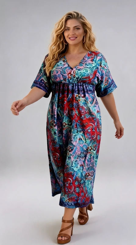 Plus size φόρεμα καλοκαιρινό γαλάζιο - FRW458 | Candiashop Boutique, Αυτό το εντυπωσιακό καλοκαιρινό φόρεμα με πλούσιο μοτίβο paisley σε ζωηρές αποχρώσεις θα αναβαθμίσει το καλοκαιρινό σας στυλ. Το φόρεμα διαθέτει μια μαγευτική παλέτα χρωμάτων που συνδυάζει έντονο κόκκινο, γαλαζοπράσινο, μωβ και μπλε ρουά, δημιουργώντας ένα εκθαμβωτικό οπτικό αποτέλεσμα. Με χαλαρή, άνετη γραμμή τύπου καφτάνι και λάστιχο στη μέση που κολακεύει τη σιλουέτα, το φόρεμα διαθέτει V-λαιμόκοψη και φαρδιά μανίκια 3/4 με διακοσμητικές λεπτομέρειες στις άκρες. Το μήκος του φτάνει μέχρι τον αστράγαλο, προσφέροντας κομψότητα και άνεση σε κάθε κίνηση. Ιδανικό για παραθαλάσσιες βόλτες, καλοκαιρινά δείπνα ή απογευματινούς περιπάτους. Συνδυάστε το με χρυσά κοσμήματα, όπως το εντυπωσιακό κολιέ-τσόκερ της φωτογραφίας, και καφέ δερμάτινα σανδάλια για μια ολοκληρωμένη καλοκαιρινή εμφάνιση. Το ελαφρύ ύφασμα και η άνετη εφαρμογή του το καθιστούν τέλεια επιλογή για τις ζεστές καλοκαιρινές ημέρες.
