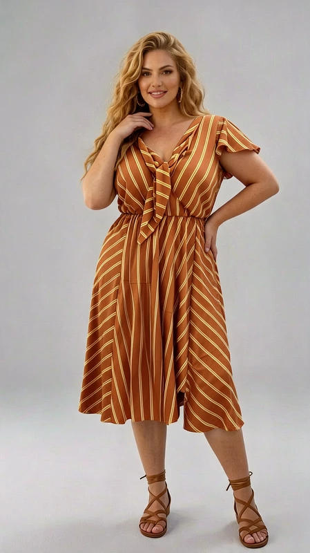 Plus size φόρεμα καφέ για γάμο και βάπτιση - GV230 | Candiashop Boutique, Αυτό το κομψό φόρεμα σε απόχρωση ταμπά με κάθετες ριγέ λεπτομέρειες σε κίτρινο και λευκό αποτελεί την ιδανική επιλογή για καλοκαιρινές εμφανίσεις. Με την αέρινη γραμμή του και το μεσαίο μήκος που καταλήγει κάτω από το γόνατο, χαρίζει άνεση και στυλ σε κάθε σιλουέτα. Το V λαιμόκοψη με τη διακριτική δέσιμο στο στήθος και τα κοντά μανίκια με βολάν προσθέτουν θηλυκότητα, ενώ η ελαστική μέση τονίζει τη σιλουέτα με κολακευτικό τρόπο. Ιδανικό για καλοκαιρινούς γάμους και βαπτίσεις, αλλά και για απογευματινές εξόδους, μπορεί να συνδυαστεί τέλεια με πλατφόρμες ή σανδάλια με χοντρό τακούνι, όπως αυτά στην εικόνα. Ολοκληρώστε το σύνολο με χρυσά κοσμήματα και μια μικρή τσάντα για μια εμφάνιση που συνδυάζει κομψότητα και άνεση. Το φόρεμα διαθέτει φαρδιά γραμμή στο κάτω μέρος που χαρίζει ελευθερία κινήσεων, ενώ το ριγέ μοτίβο δημιουργεί μια διαχρονική αίσθηση ρετρό κομψότητας που δεν περνάει ποτέ από τη μόδα.