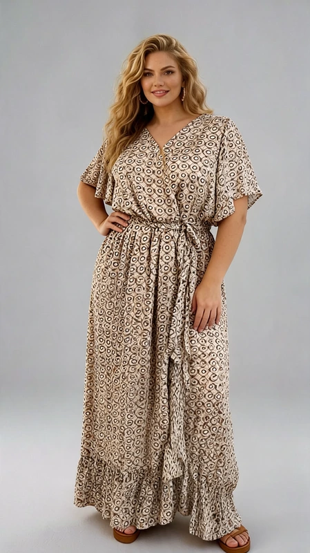 Plus size φόρεμα κρεμ για γάμο και βάπτιση - GV236 | Candiashop Boutique, Αυτό το εντυπωσιακό φόρεμα σε μπεζ-καφέ αποχρώσεις με γεωμετρικό μοτίβο αποτελεί την ιδανική επιλογή για γάμους, βαπτίσεις και επίσημες εκδηλώσεις. Το λεπτεπίλεπτο σχέδιο με τα κυκλικά μοτίβα σε αποχρώσεις του καφέ και της άμμου προσδίδει κομψότητα και διαχρονικό στυλ. Η χαλαρή γραμμή με τα φαρδιά μανίκια τύπου kimono και η ζώνη στη μέση που τονίζει τη σιλουέτα συνδυάζουν άνεση και θηλυκότητα. Το φόρεμα διαθέτει V λαιμόκοψη με κουμπιά στο μπροστινό μέρος και ένα απαλό βολάν στο τελείωμα που προσθέτει κίνηση και χάρη. Η ρευστή υφή του υφάσματος χαρίζει άνεση καθ' όλη τη διάρκεια της ημέρας ή της βραδιάς. Συνδυάστε το με χρυσά κοσμήματα, όπως τα εντυπωσιακά σκουλαρίκια του μοντέλου, και nude ή ταμπά πέδιλα για μια ολοκληρωμένη εμφάνιση. Κατάλληλο για διάφορους σωματότυπους, αυτό το φόρεμα θα σας χαρίσει στιλ και αυτοπεποίθηση σε κάθε επίσημη περίσταση.