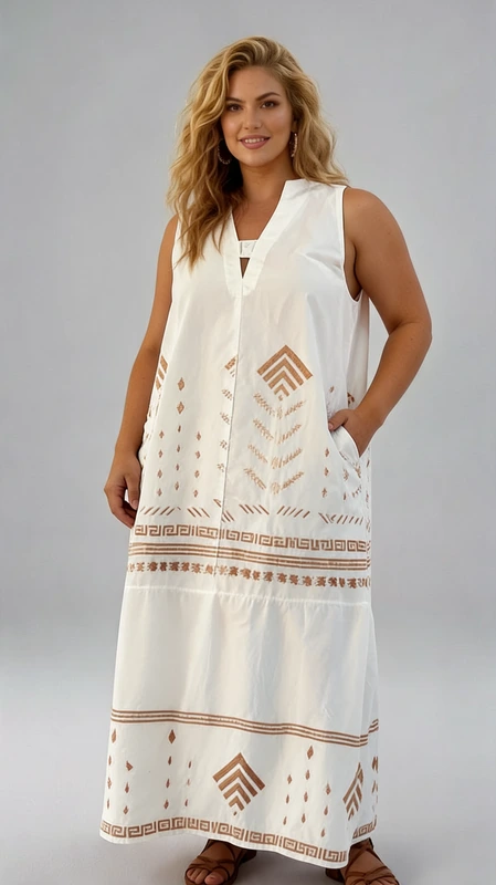 Plus size φόρεμα λευκό για γάμο και βάπτιση - GV185 | Candiashop Boutique, Αυτό το κομψό αμάνικο φόρεμα σε λευκό χρώμα με χρυσαφί λεπτομέρειες αποτελεί την ιδανική επιλογή για καλοκαιρινές εκδηλώσεις όπως γάμους και βαπτίσεις. Κατασκευασμένο από ελαφρύ, αέρινο ύφασμα που χαρίζει άνεση και δροσιά τις ζεστές ημέρες. Το φαρδύ, άνετο σχέδιο με V λαιμόκοψη κολακεύει κάθε σωματότυπο, ενώ τα διακριτικά γεωμετρικά μοτίβα σε απόχρωση μπεζ-χρυσή στο κάτω μέρος και στη μέση του φορέματος προσδίδουν έναν αέρα πολυτέλειας και εκλεπτυσμένου γούστου. Διαθέτει πρακτικές πλαϊνές τσέπες για μικροαντικείμενα και ένα μακρύ, ριχτό σχέδιο που προσφέρει άνεση στην κίνηση. Συνδυάστε το με χρυσά σανδάλια και διακριτικά κοσμήματα για μια αέρινη, κομψή εμφάνιση που θα σας κάνει να ξεχωρίσετε σε κάθε καλοκαιρινή εκδήλωση. Το εθνικό μοτίβο και οι λεπτομέρειες στο τελείωμα προσθέτουν μια μποέμ πινελιά στο συνολικό στυλ.