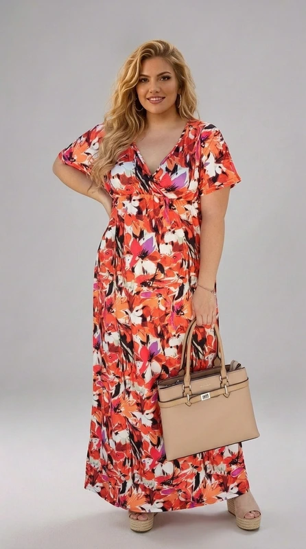 Plus size φόρεμα maxi εμπριμέ, άσπρο κόκκινο, από μαγιόπανο. Αν είσαι καλεσμένη σε γάμο, καλεσμένη σε βάπτιση, την άνοιξη ή το καλοκαίρι, φόρεσε το και κλέψε τις εντυπώσεις!