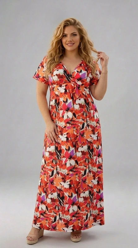 Plus size φόρεμα maxi για γάμο και βάπτιση εμπριμέ - GV115  | Candiashop Boutique, Plus size φόρεμα maxi εμπριμέ, άσπρο κόκκινο, από μαγιόπανο. Αν είσαι καλεσμένη σε γάμο, καλεσμένη σε βάπτιση, την άνοιξη ή το καλοκαίρι, φόρεσε το και κλέψε τις εντυπώσεις!