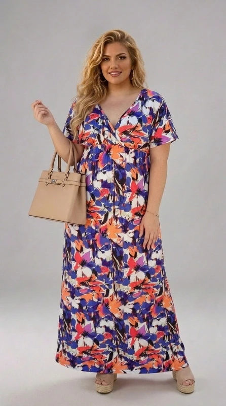 Plus size φόρεμα maxi εμπριμέ, μπλε, άσπρο, κόκκινο, από μαγιόπανο. Αν είσαι καλεσμένη σε γάμο, καλεσμένη σε βάπτιση, την άνοιξη ή το καλοκαίρι, φόρεσε το και κλέψε τις εντυπώσεις!