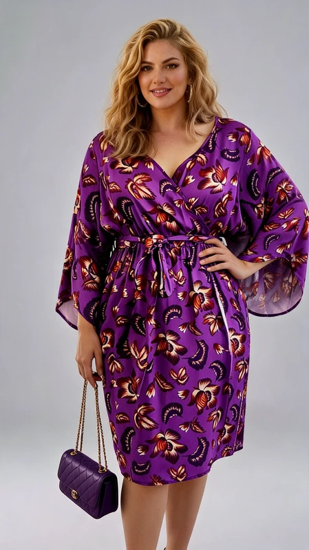 Plus size φόρεμα μοβ για γάμο και βάπτιση - GV193 | Candiashop Boutique, Αυτό το εντυπωσιακό φόρεμα σε έντονο μωβ χρώμα με πλούσιο φλοράλ μοτίβο σε αποχρώσεις πορτοκαλί και καφέ αποτελεί την ιδανική επιλογή για κάθε επίσημη εκδήλωση. Η κρουαζέ γραμμή του μπούστου χαρίζει κολακευτική εφαρμογή, ενώ τα φαρδιά μανίκια τύπου kimono προσφέρουν άνεση και κομψότητα. Η ζώνη στη μέση τονίζει τη σιλουέτα, δημιουργώντας μια θηλυκή εμφάνιση που κολακεύει κάθε σωματότυπο. Το φόρεμα έχει μεσαίο μήκος που φτάνει κάτω από το γόνατο, καθιστώντας το ιδανικό για γάμους, βαπτίσεις και επίσημες βραδινές εξόδους. Το λαμπερό σατέν ύφασμα αντανακλά το φως, προσθέτοντας πολυτέλεια στην εμφάνισή σας. Συνδυάστε το με μαύρες γόβες και μια μικρή τσάντα σε μωβ απόχρωση, όπως φαίνεται στην εικόνα, για μια ολοκληρωμένη εμφάνιση που θα σας κάνει να ξεχωρίσετε. Κατάλληλο για όλες τις εποχές, αυτό το φόρεμα συνδυάζει την άνεση με την κομψότητα και θα αποτελέσει διαχρονικό κομμάτι της γκαρνταρόμπας σας.